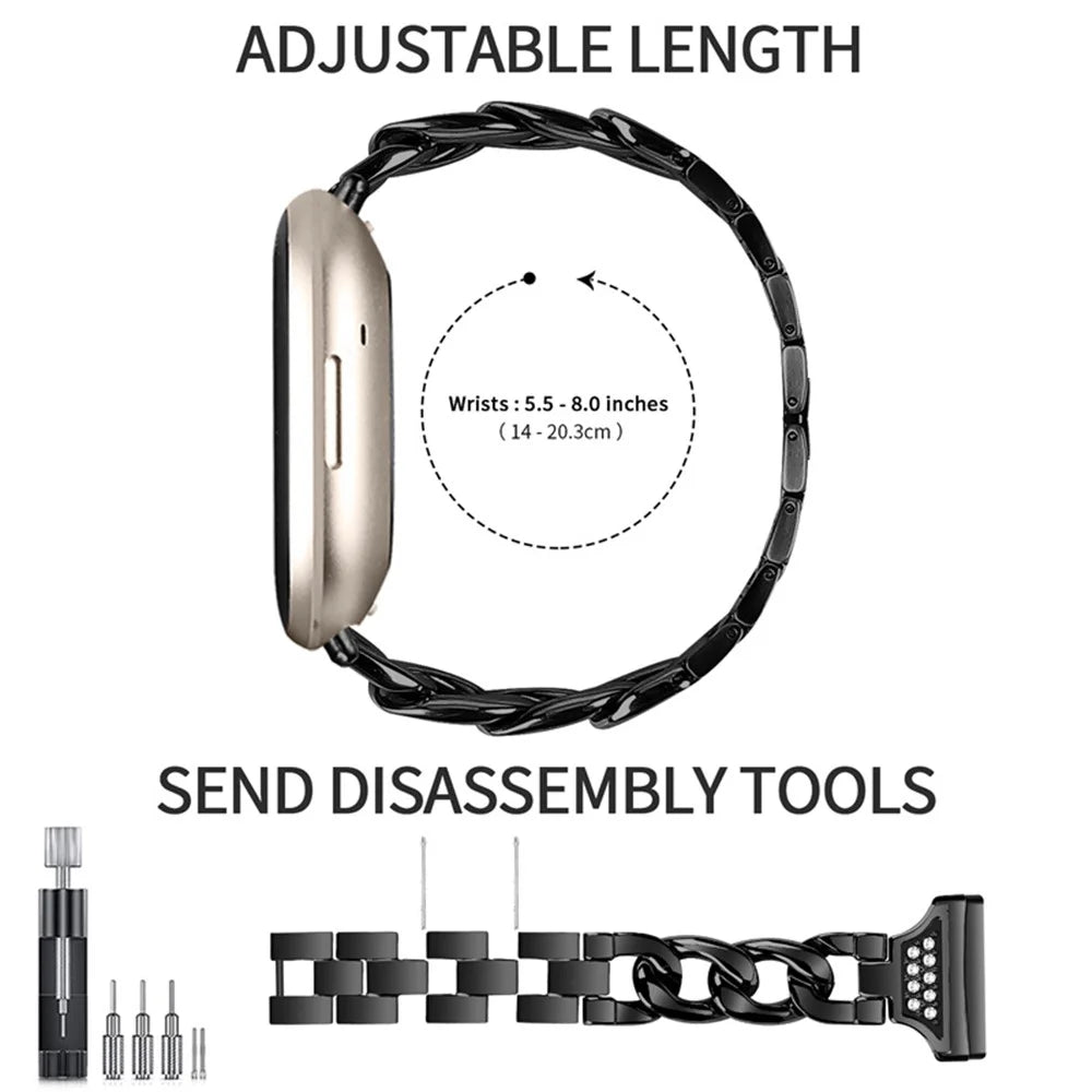For Fitbit Versa 3 / Sense Universal Watch Strap Metal Watch Band Rhinestone Decorated Connector Watchband for Girls - Black - 5