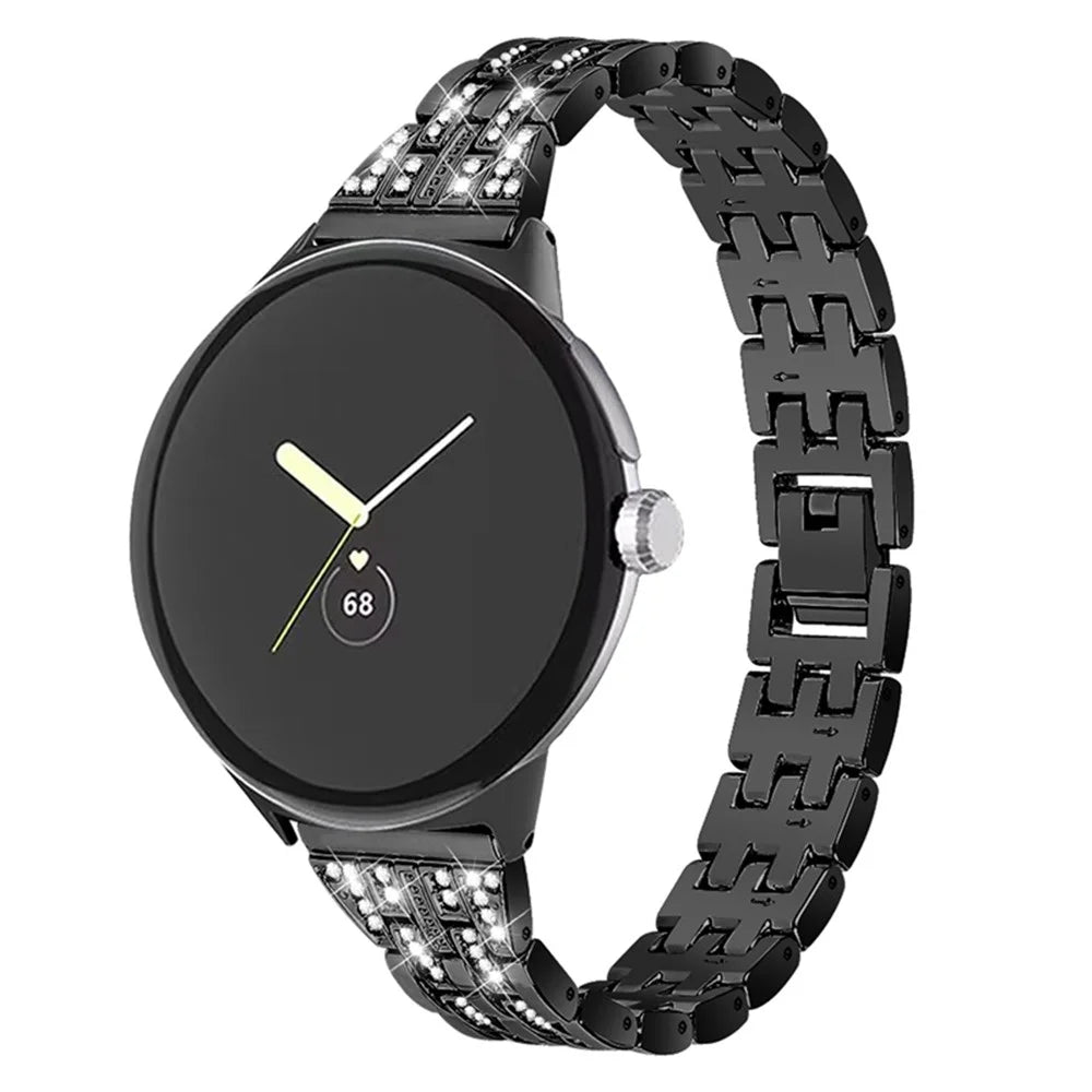 2 Rows Rhinestone Decor Watch Band for Google Pixel Watch 4 41mm / Watch 3 41mm / Watch 2 / Watch 5 Beads Metal Wrist Strap Replacement - Black - 3