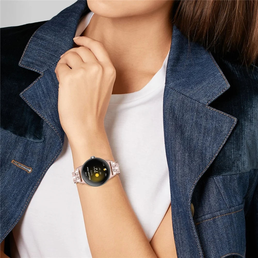 Metal Watch Band For Google Pixel Watch 4 41mm / Watch 3 41mm / Watch 2 / Watch Rhinestone Decor Replacement Strap Wrist Band - Rose Pink - 4