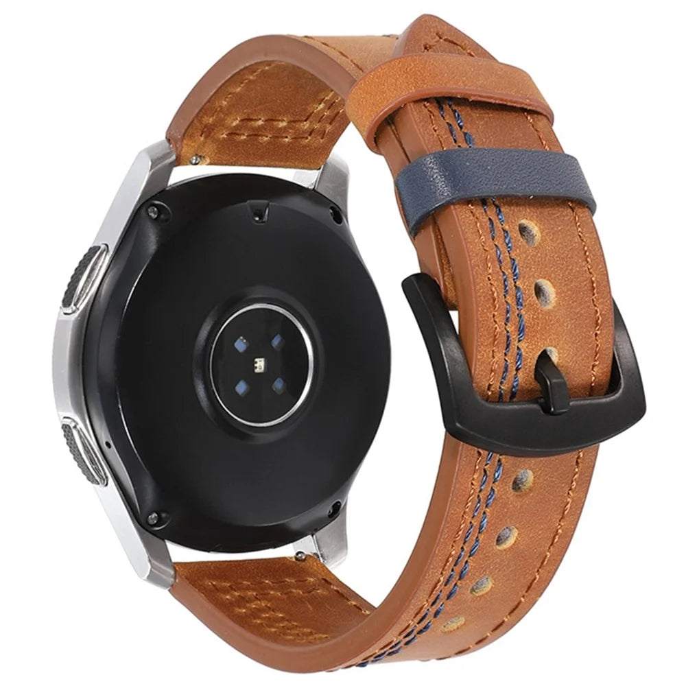 For Samsung Galaxy Watch3 41mm / Garmin Forerunner 645 / Huawei Watch GT 2 42mm Watch Band 20mm Leather Strap - Brown / Blue Stitch - 1