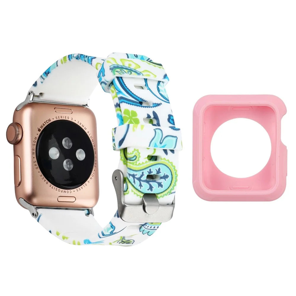 For Apple Watch Series 1 / 2 / 3 42mm Silicone Watch Band Pattern Printing Watch Strap with Pink TPU Case - Style F - 1