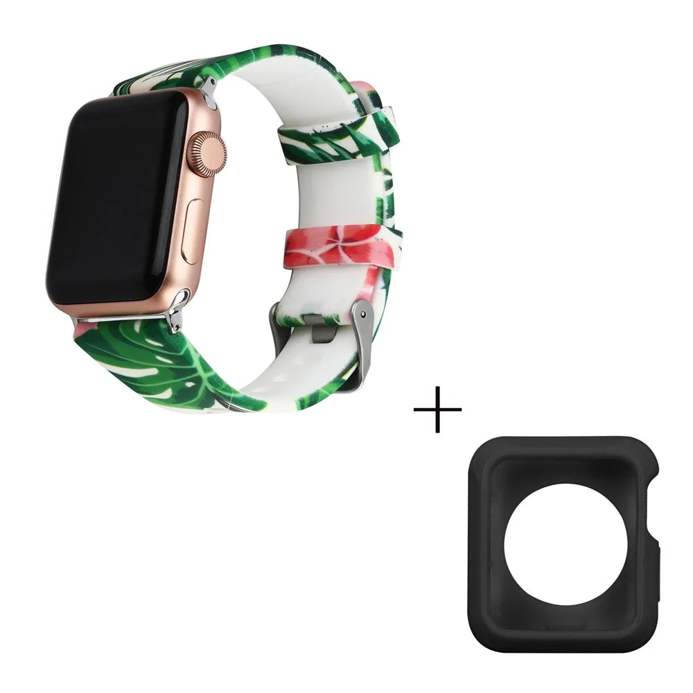 For Apple Watch Series 1 / 2 / 3 38mm Replace Silicone Strap Pattern Printing Watch Band with Black TPU Case - Style E - 3