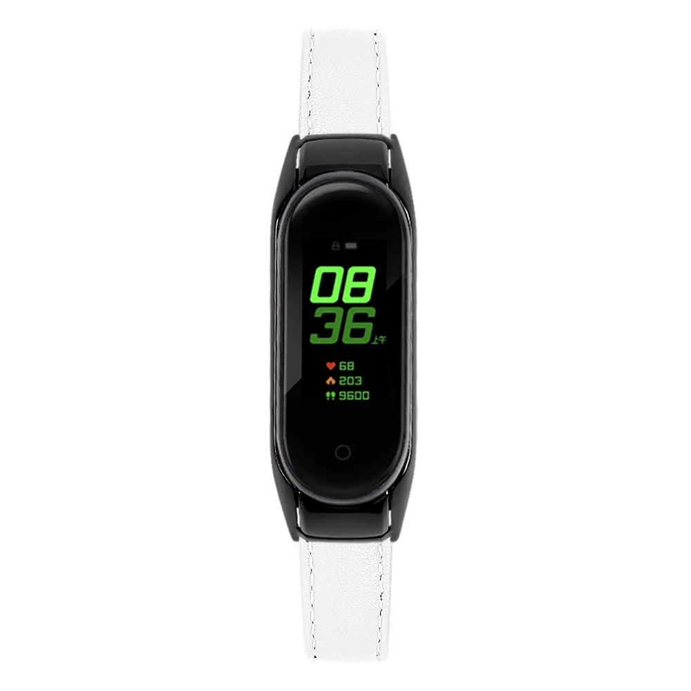 For Xiaomi Smart Band 8 Genuine Cowhide Leather Band Watch Straps with Black Watch Case - White - 3