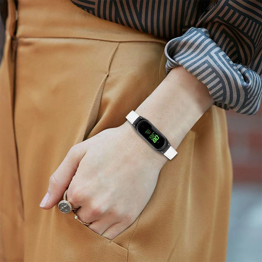 For Xiaomi Smart Band 8 Genuine Cowhide Leather Band Watch Straps with Black Watch Case - White - 5