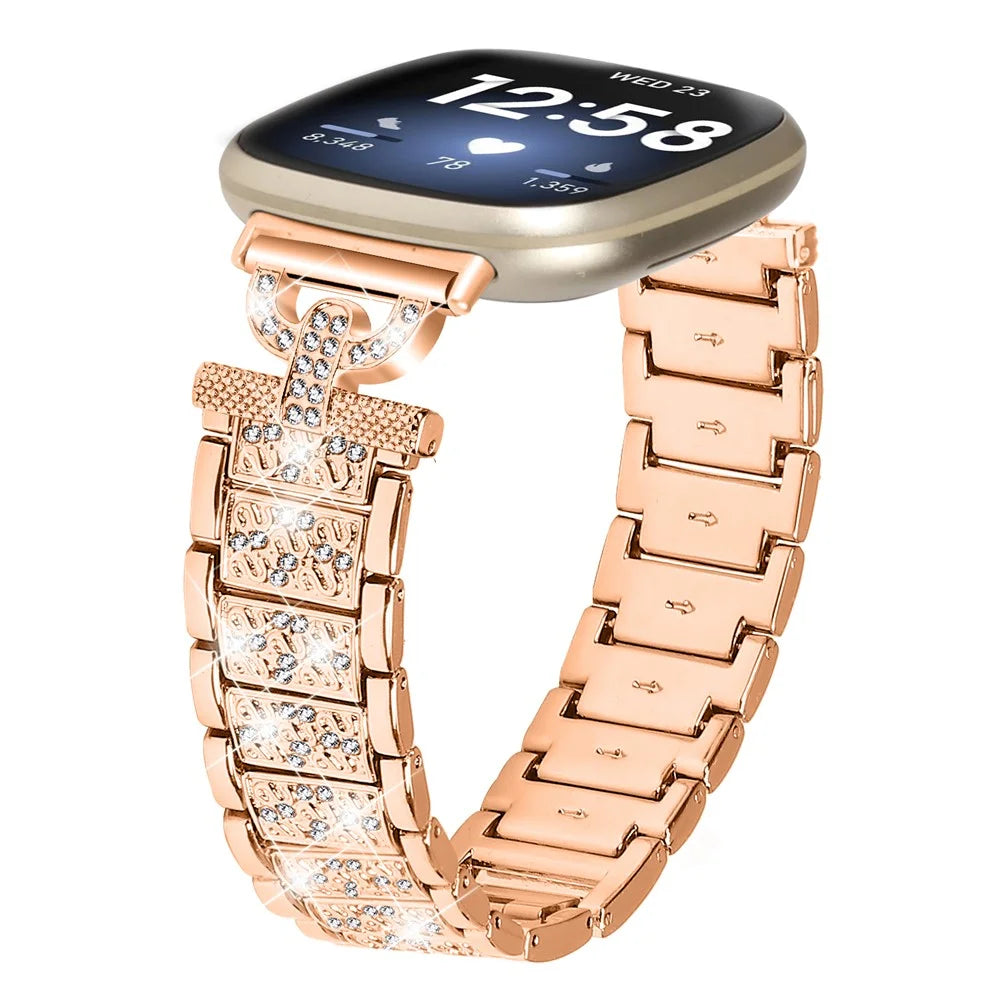 For Fitbit Versa 4 / Sense 2 Stainless Steel Watch Band 3-Bead Rhinestone Decor Replacement Bracelet - Rose Gold - 2