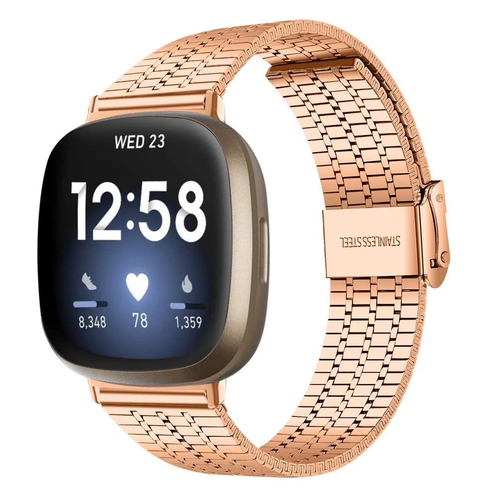 For Fitbit Versa 4 / Sense 2 Stainless Steel 7-Beads Watch Band Dual Buckle Replacement Wrist Strap - Rose Gold - 2