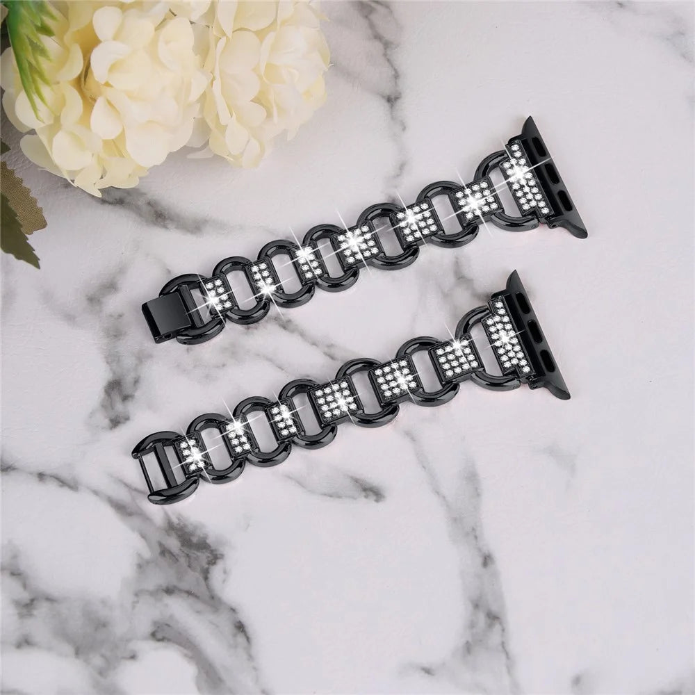 For Apple Watch Series 7 / 8 41mm Replacement Strap Rhinestones Decor Oval Alloy Band + Clear PC Watch Case - Black - 3