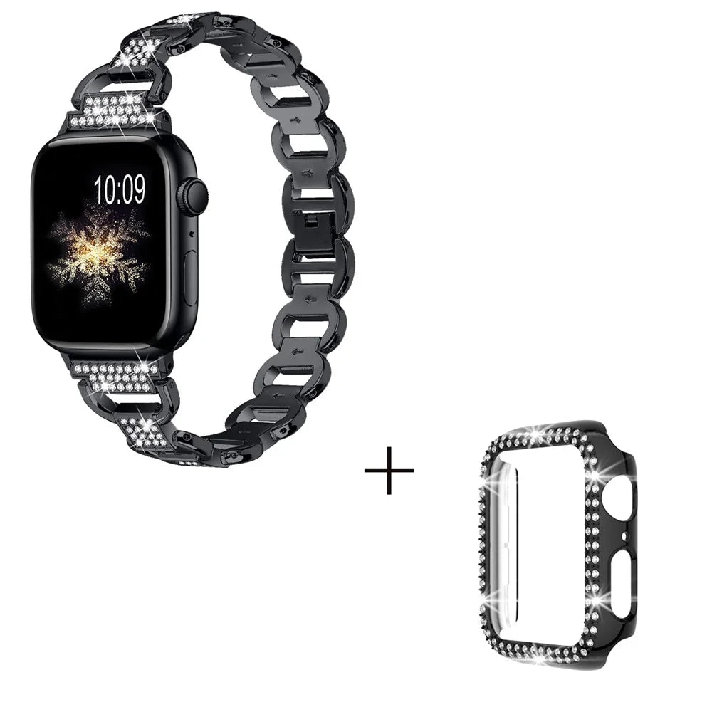 For Apple Watch Series 7 / 8 41mm Replacement Rhinestones Decor Oval Alloy Strap + PC Watch Protective Case - Black - 2