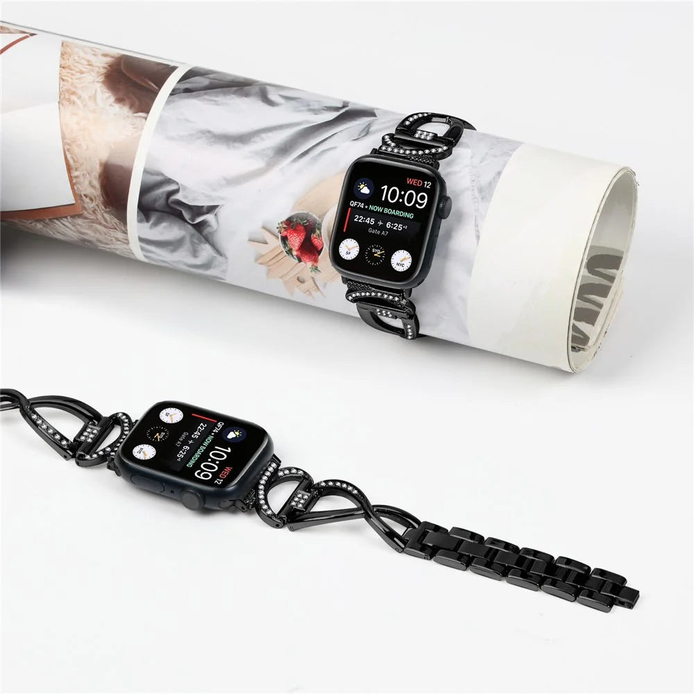 For Apple Watch Series 1 / 2 / 3 42mm X-shape Rhinestones Decor Alloy Watch Strap + Clear PC Watch Case - Black - 4