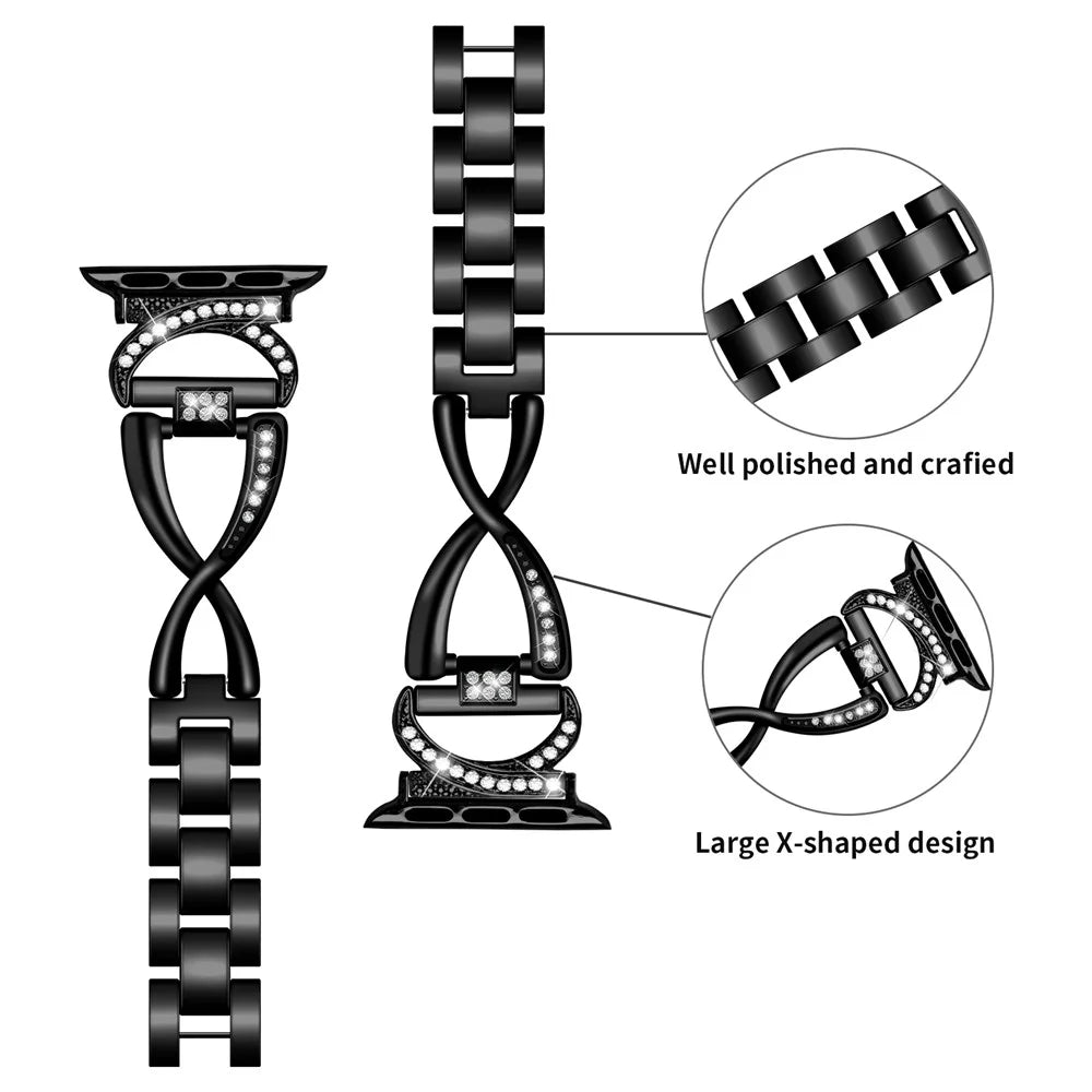 For Apple Watch Ultra 49mm Rhinestones Wrist Band X-shape Alloy Strap + PC Anti-drop Watch Case - Black - 3