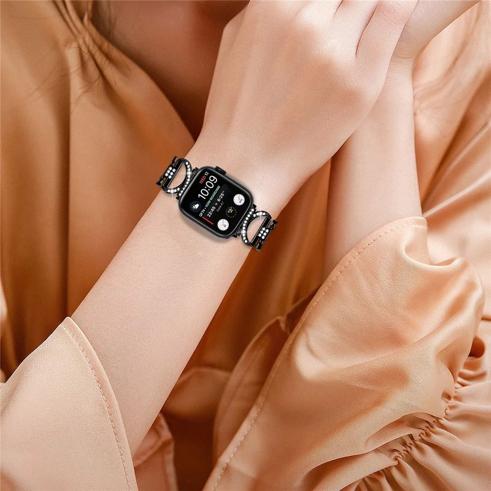 For Apple Watch Ultra 49mm Rhinestones Wrist Band X-shape Alloy Strap + PC Anti-drop Watch Case - Black - 5