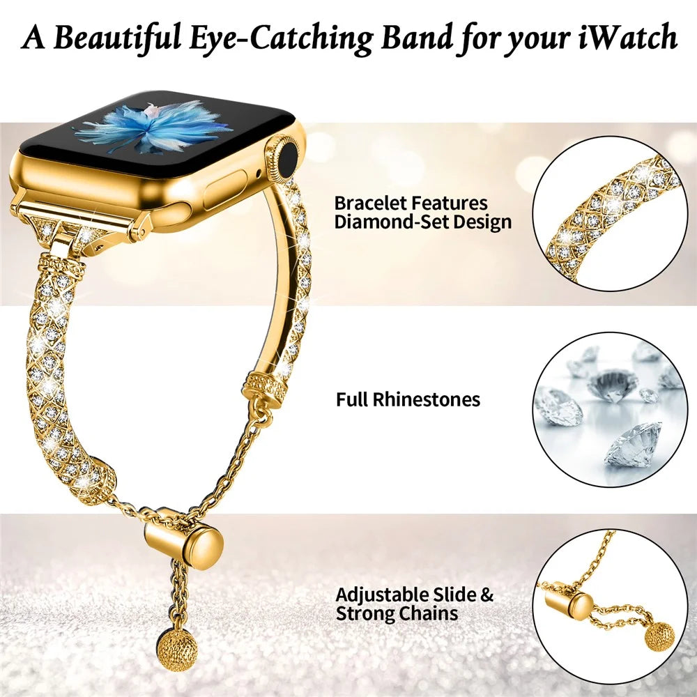 Dressy Bracelet for Apple Watch Ultra 3 2 1 49mm / Series 11 10 46mm / 9 8 7 45mm / SE3 SE2 SE 6 5 4 44mm / 3 2 1 42mm , Rhinestone Decor Copper Watch Band - Gold - 4