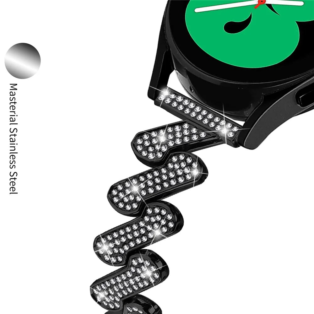 For Samsung Galaxy Watch6 40 / 44mm / Watch6 Classic 43 / 47mm Metal Watch Band 20mm Rhinestone Replacement Watch Strap - Black - 5