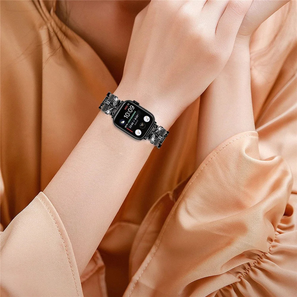 Watch Strap for Apple Watch Series 11 10 42mm / 9 8 7 41mm / SE3 SE2 SE 6 5 4 40mm / 3 2 1 38mm Rhinestones Decor Crown X-Shape Watch Strap Zinc Alloy Replace Band - Black - 5