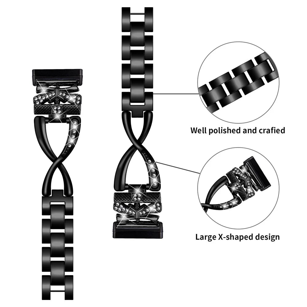 For Fitbit Versa 4 / Sense 2 Zinc Alloy Strap Rhinestones Decor Crown X-shape Smartwatch Band - Black - 4