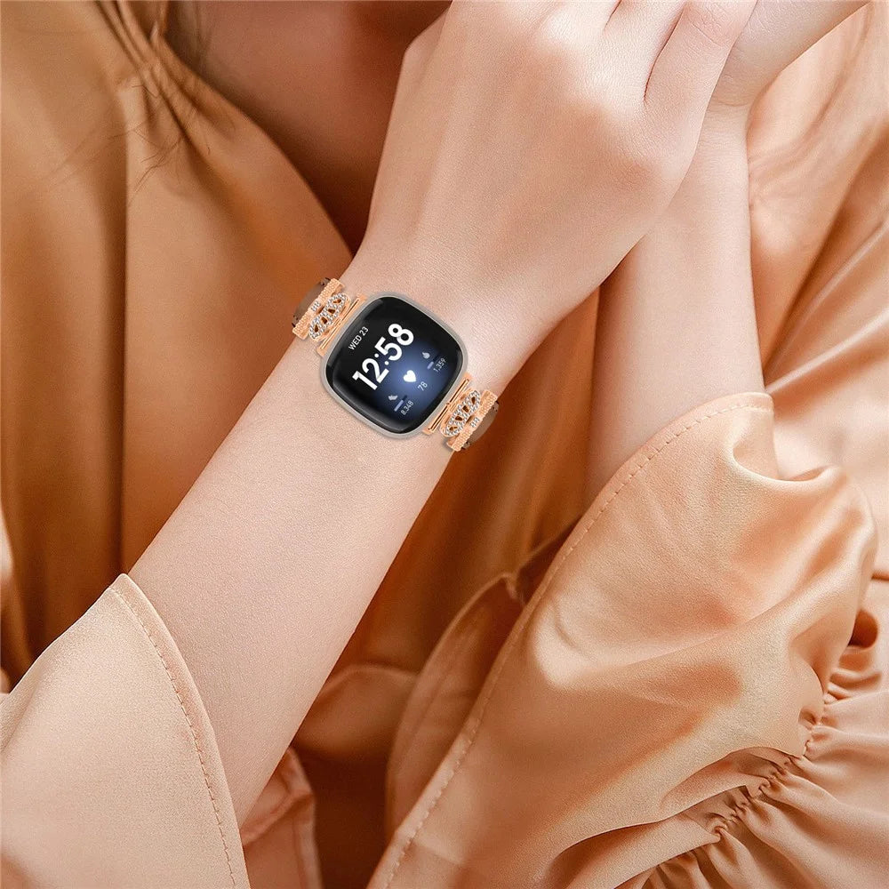 For Fitbit Versa 3 / Versa 4 / Sense / Sense 2 Rose Gold Buckle Watch Band Crown Rhinestone Wrist Strap - Brown - 5