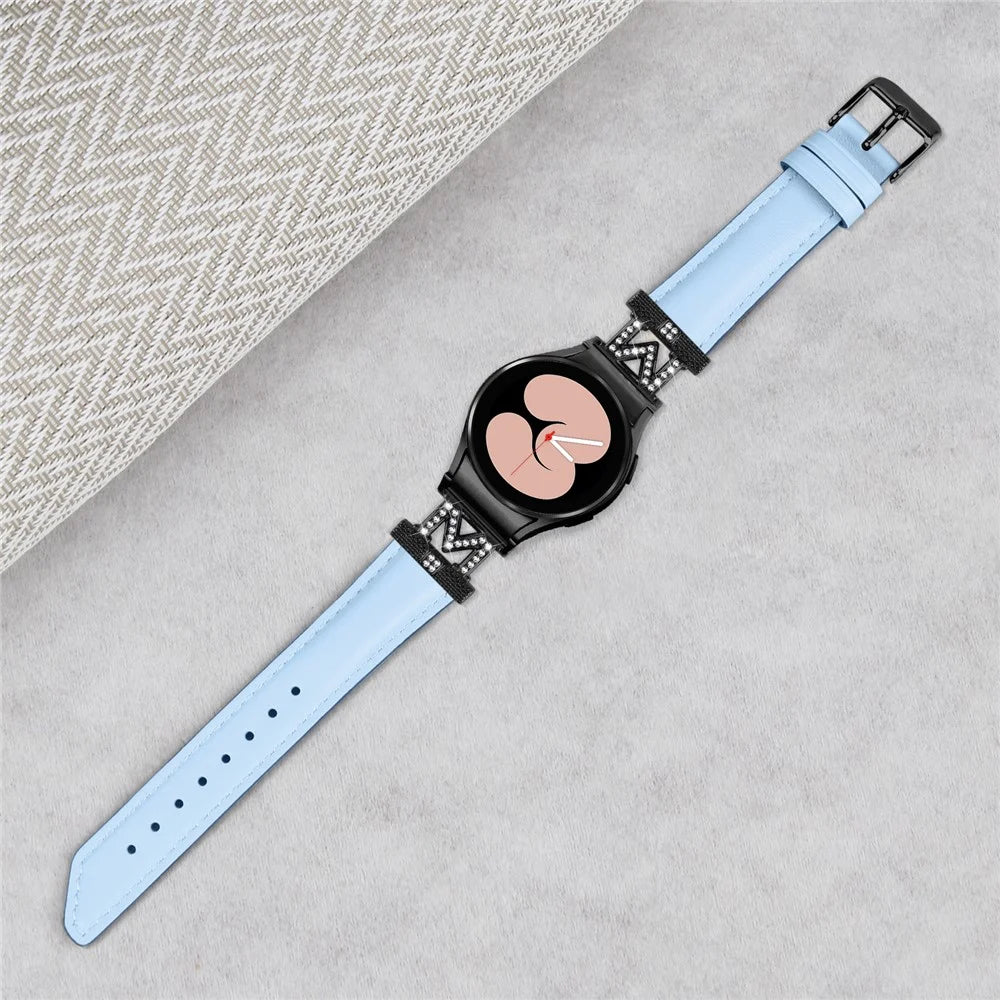 Watch Band for Samsung Galaxy Watch 5 / Watch4 44mm 40mm Rhinestone M-shape Connector Genuine Cow Leather Strap with Black Buckle - Blue - 4