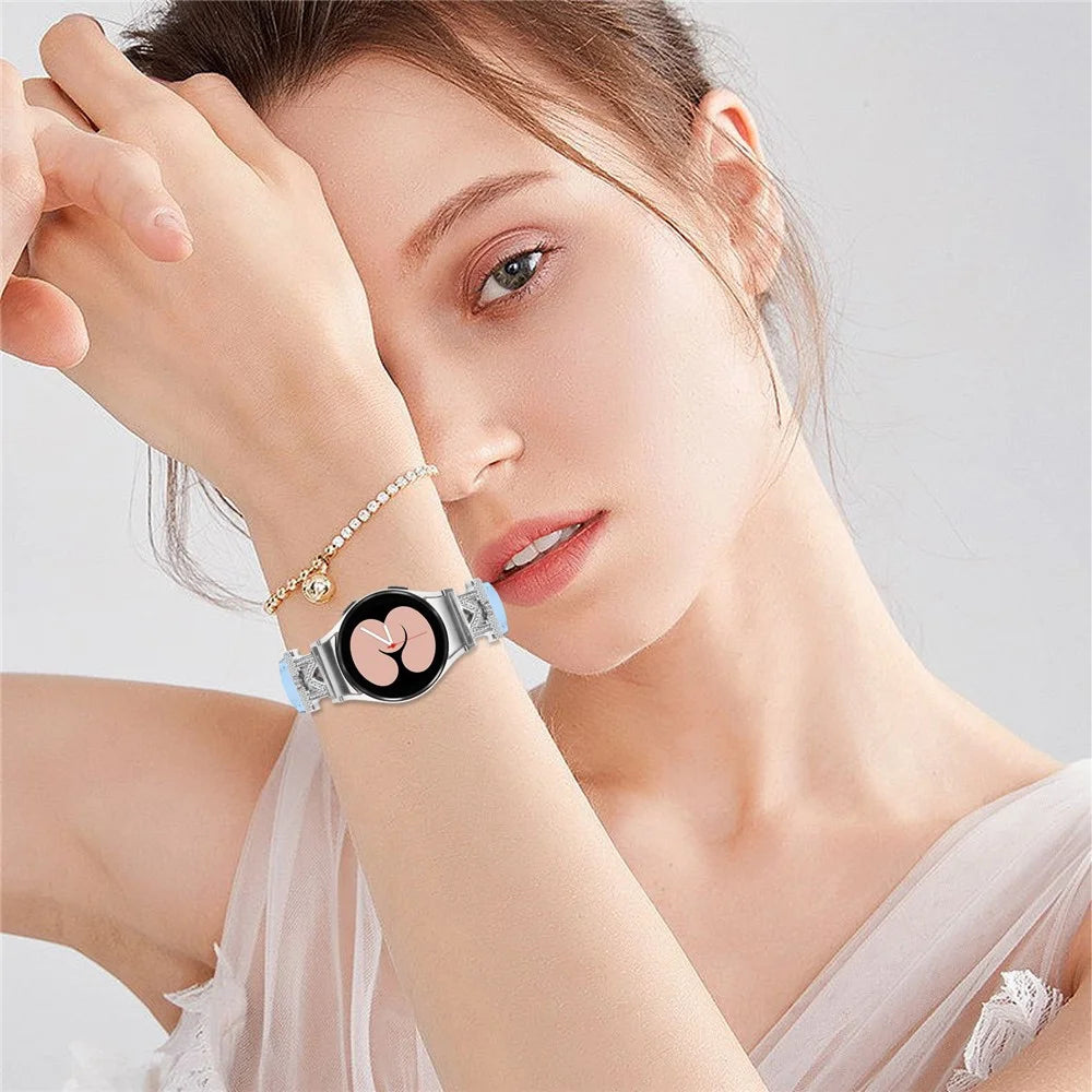 Watch Band for Samsung Galaxy Watch6 40mm 44mm / Watch6 Classic 43mm 47mm Genuine Cow Leather Rhinestone M-shape Connector Strap with Silver Buckle - Blue - 6