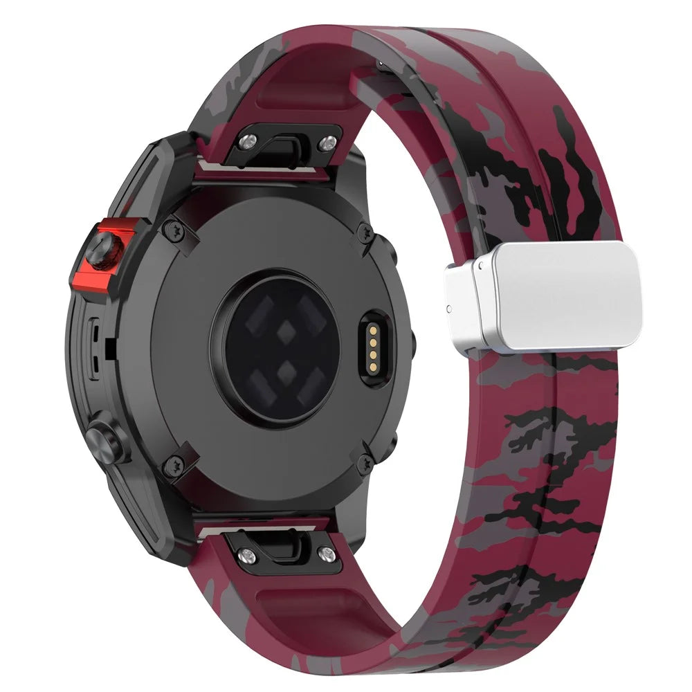 For Garmin Tactix 7 Pro / Fenix 7X / 6X / 6X Pro / 5X Plus Silicone Watch Band 26mm Silver Buckle Wrist Strap - Camo Wine Red - 1