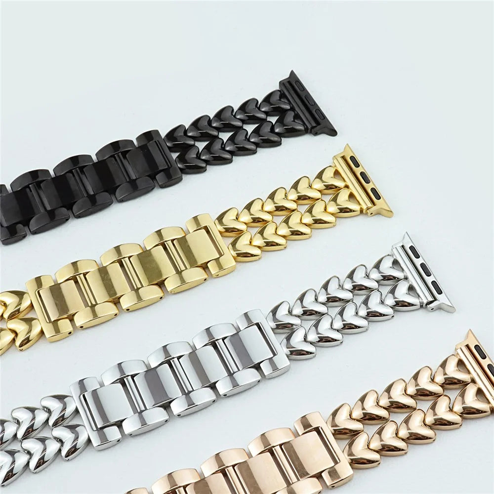 Watch Band for Apple Watch Series 11 10 42mm / 9 8 7 41mm / SE3 SE2 SE 6 5 4 40mm / 3 2 1 38mm Double-Row Heart Watch Band Bracelet - Black - 4