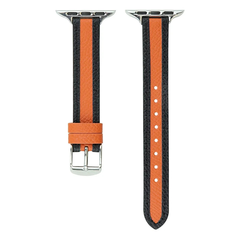 Watch Band for Apple Watch Series 11 10 42mm / 9 8 7 41mm / SE3 SE2 SE 6 5 4 40mm / 3 2 1 38mm Slim Leather Wrist Strap - Orange+Black - 2