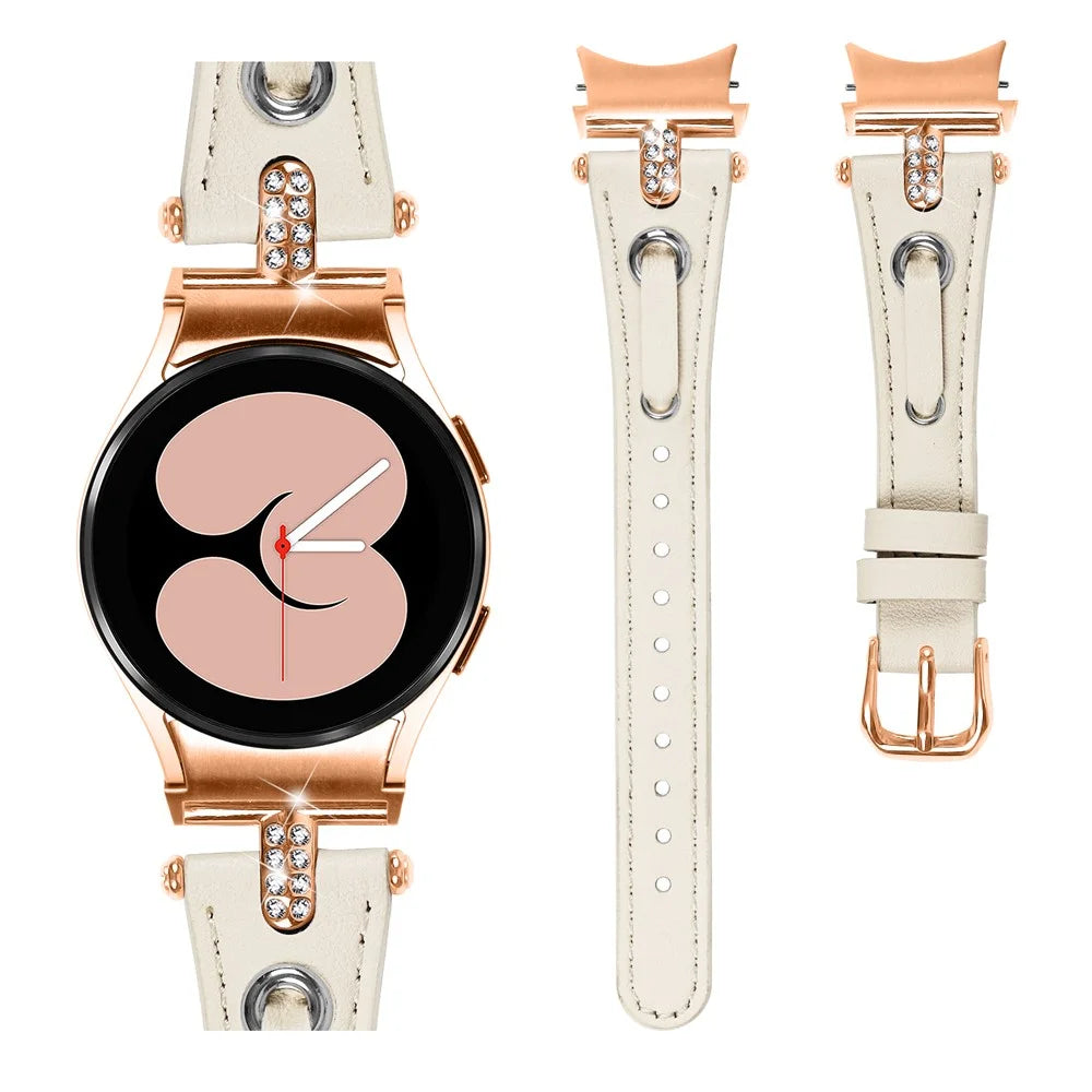 For Samsung Galaxy Watch6 40mm / 44mm / 6 Classic 43mm / 47mm Watchband Genuine Cow Leather Strap (Rose Gold Connector) - Apricot - 2
