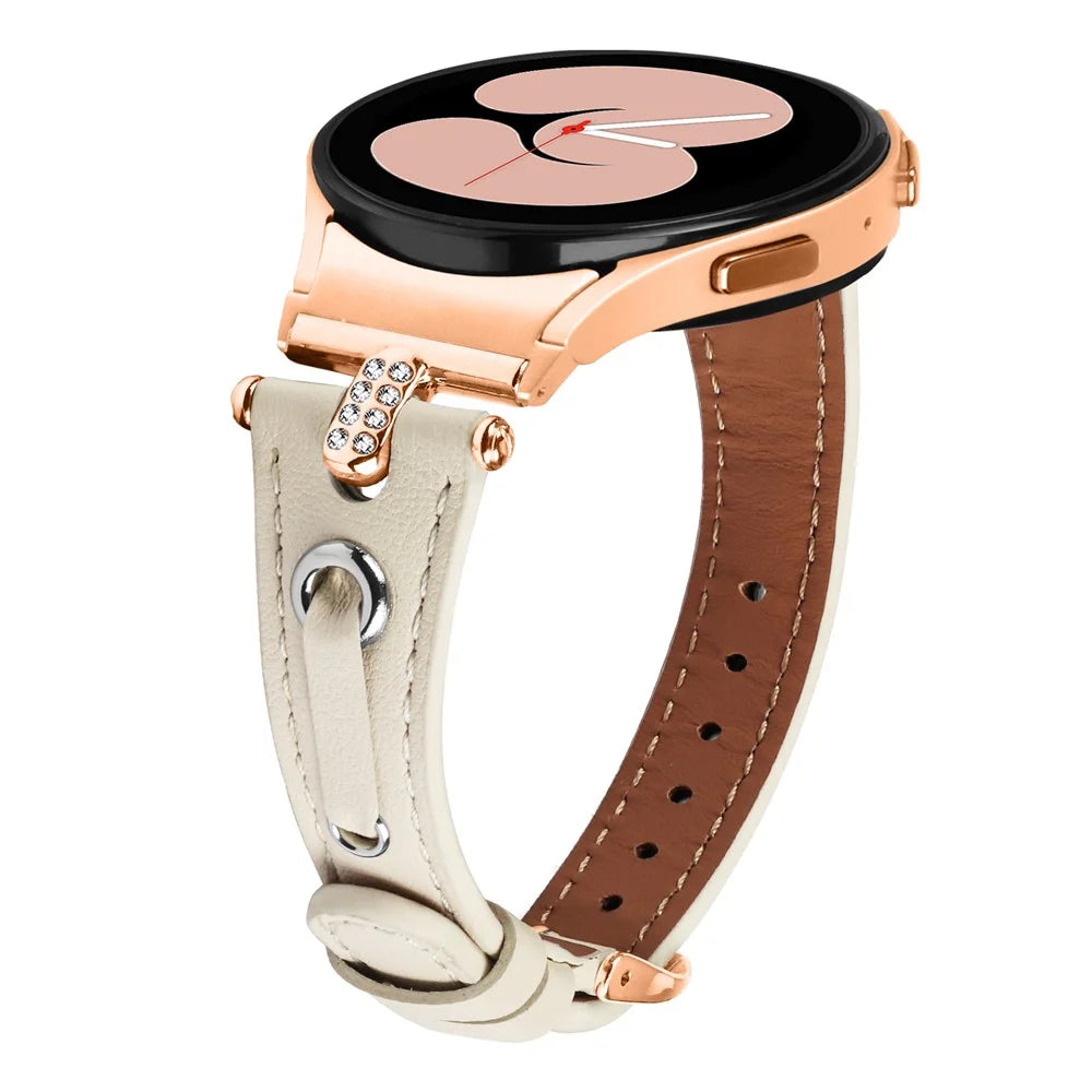 For Samsung Galaxy Watch6 40mm / 44mm / 6 Classic 43mm / 47mm Watchband Genuine Cow Leather Strap (Rose Gold Connector) - Apricot - 3