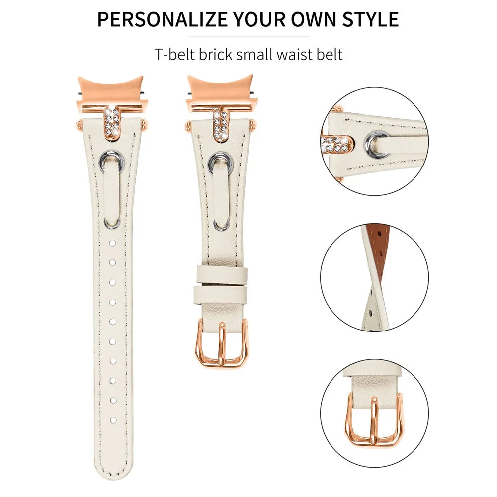 For Samsung Galaxy Watch6 40mm / 44mm / 6 Classic 43mm / 47mm Watchband Genuine Cow Leather Strap (Rose Gold Connector) - Apricot - 4