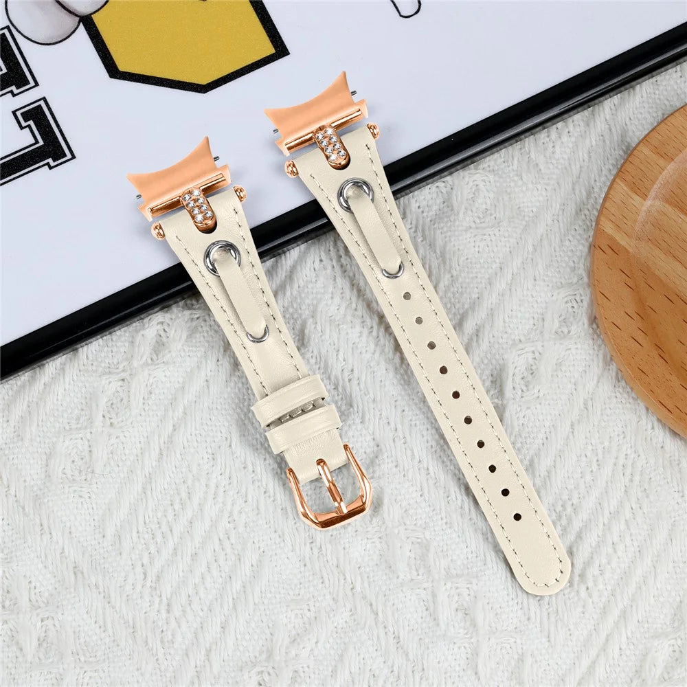 For Samsung Galaxy Watch6 40mm / 44mm / 6 Classic 43mm / 47mm Watchband Genuine Cow Leather Strap (Rose Gold Connector) - Apricot - 5