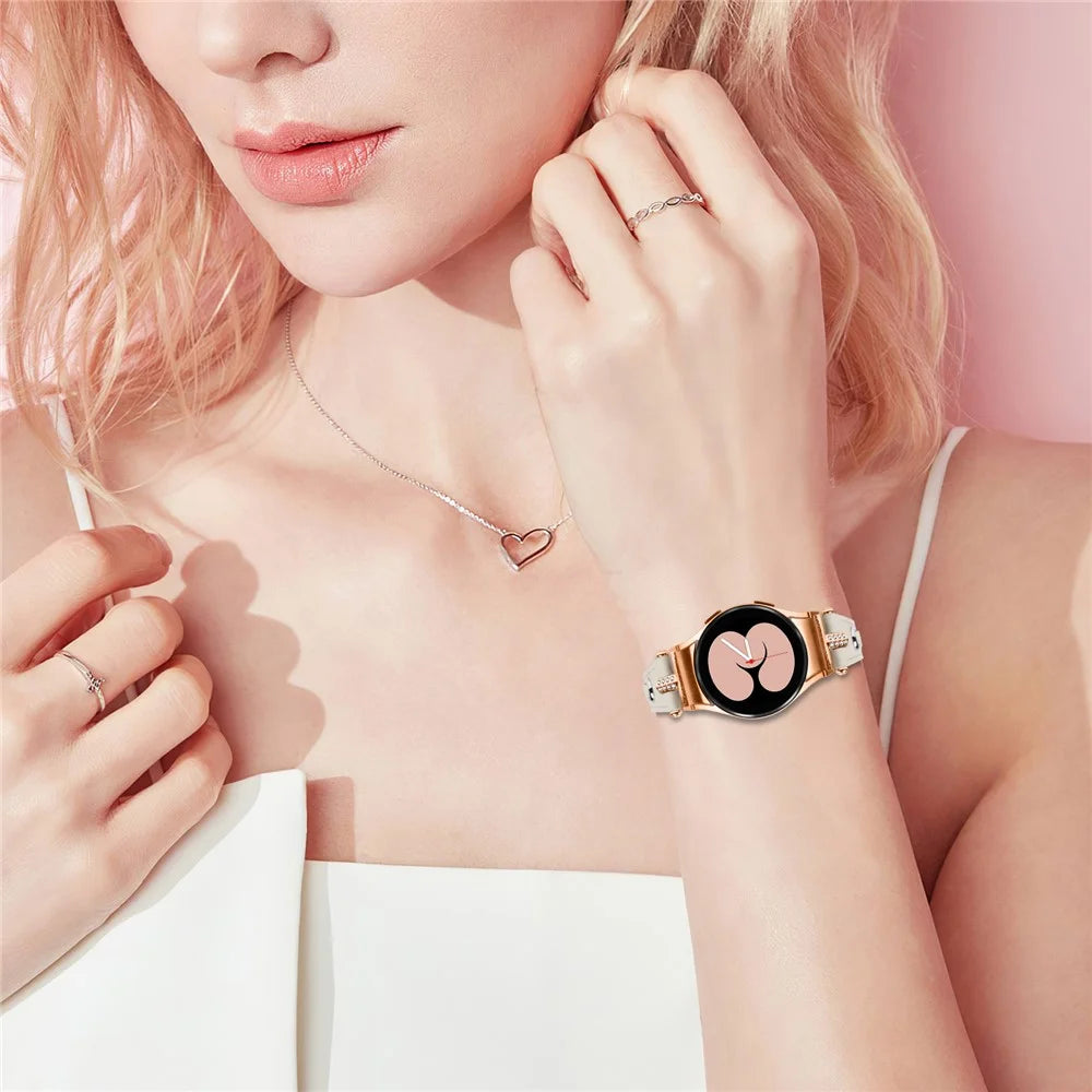 For Samsung Galaxy Watch6 40mm / 44mm / 6 Classic 43mm / 47mm Watchband Genuine Cow Leather Strap (Rose Gold Connector) - Apricot - 6