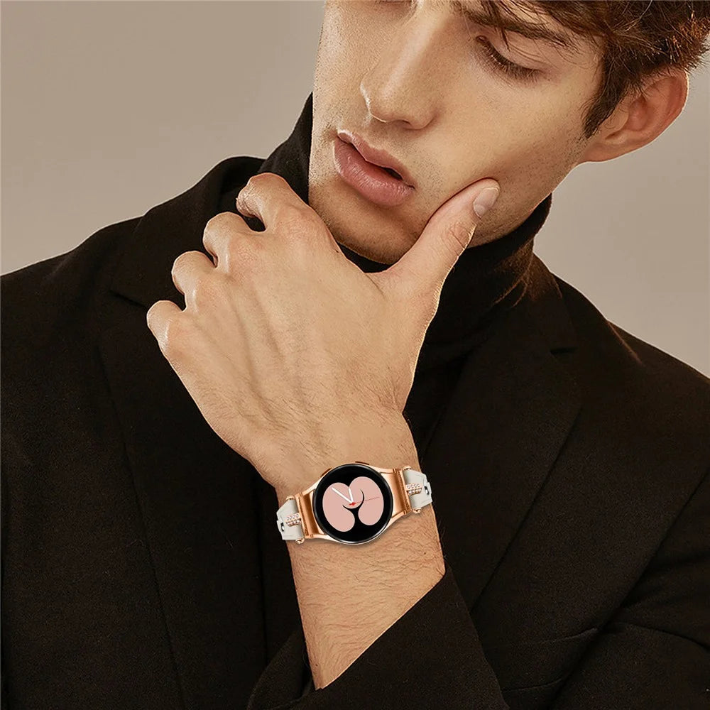 For Samsung Galaxy Watch6 40mm / 44mm / 6 Classic 43mm / 47mm Watchband Genuine Cow Leather Strap (Rose Gold Connector) - Apricot - 7