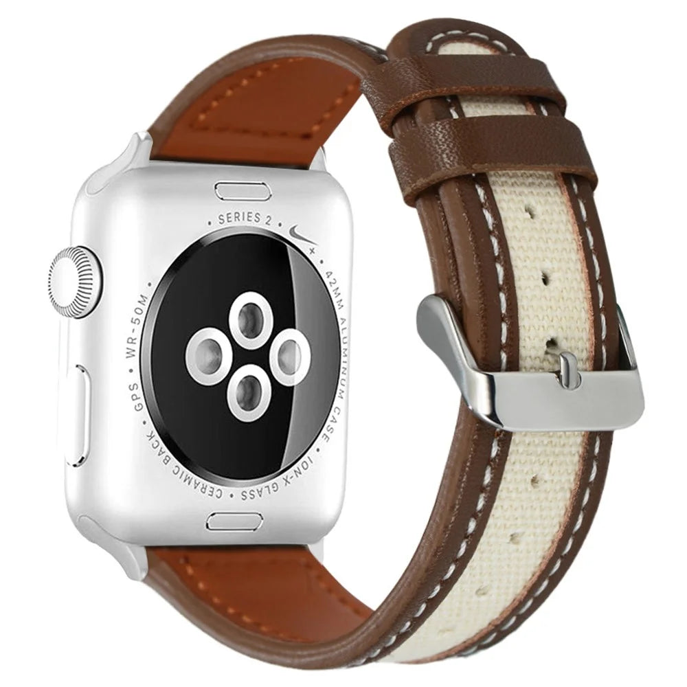 Watch Band for Apple Watch Series 11 10 42mm / 9 8 7 41mm / SE3 SE2 SE 6 5 4 40mm / 3 2 1 38mm Cow Leather+Fabric Wrist Strap - Dark Brown / White - 1