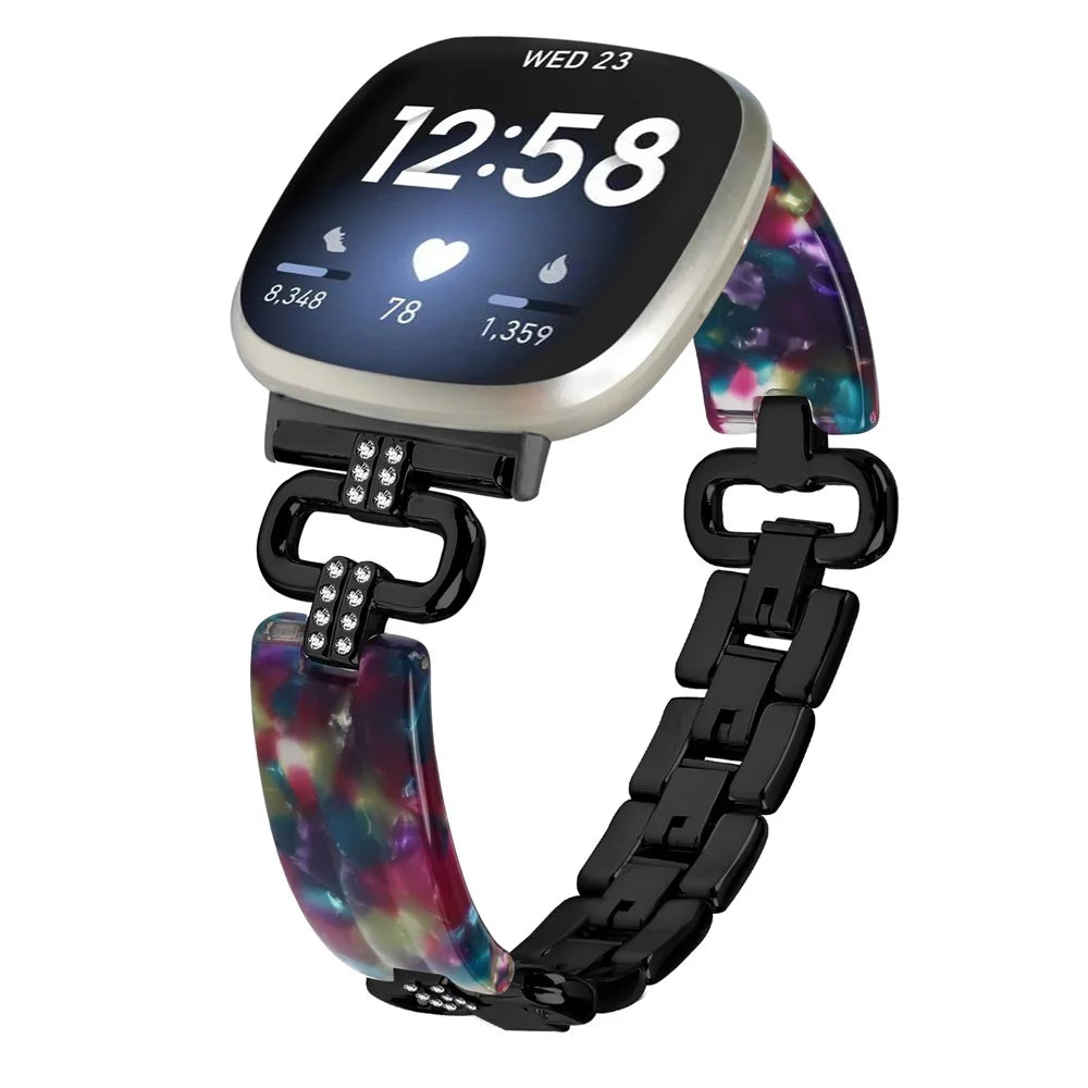 For Fitbit Versa 4 / Sense 2 Smartwatch Band Resin+Rhinestone Strap - Black - 3