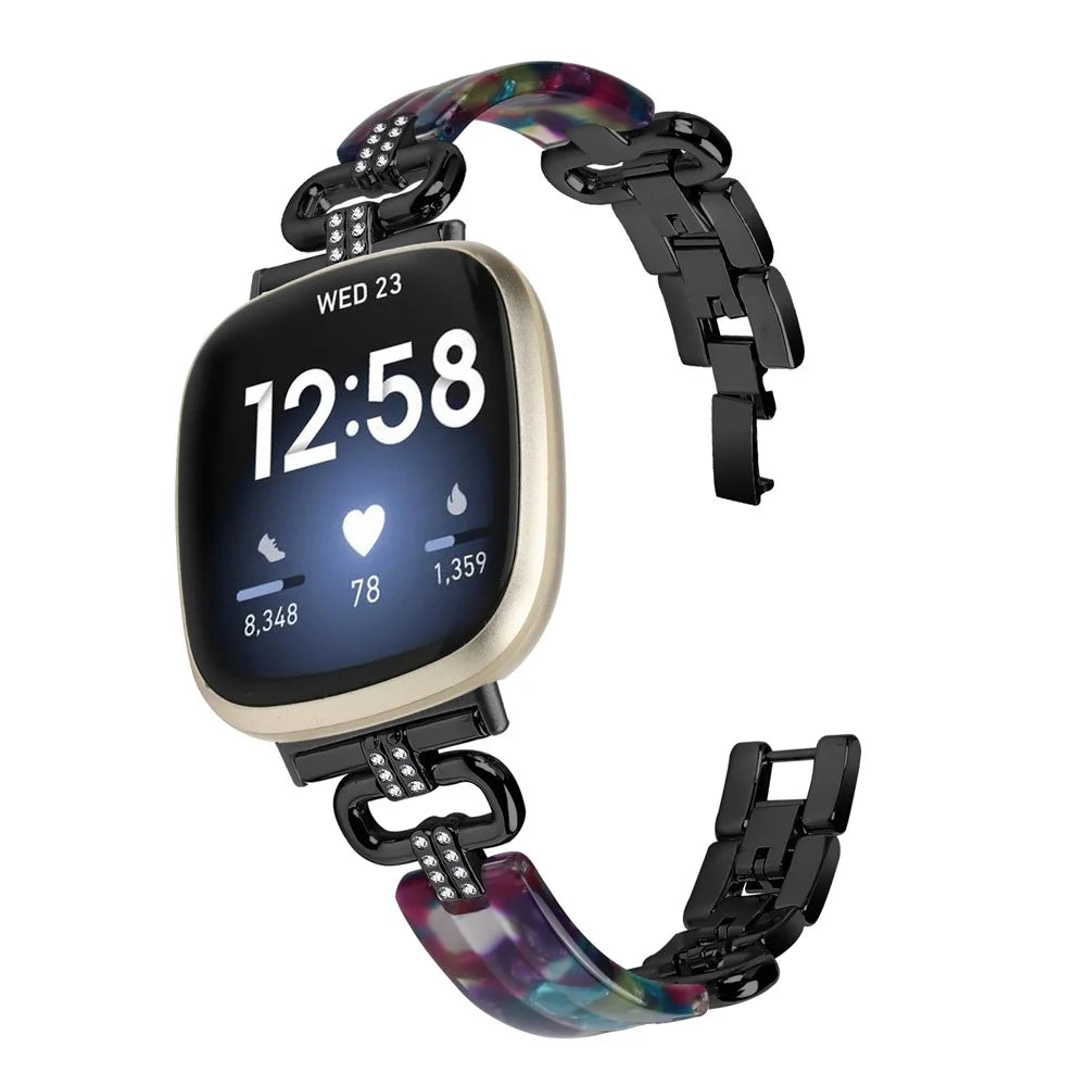 For Fitbit Versa 4 / Sense 2 Smartwatch Band Resin+Rhinestone Strap - Black - 4