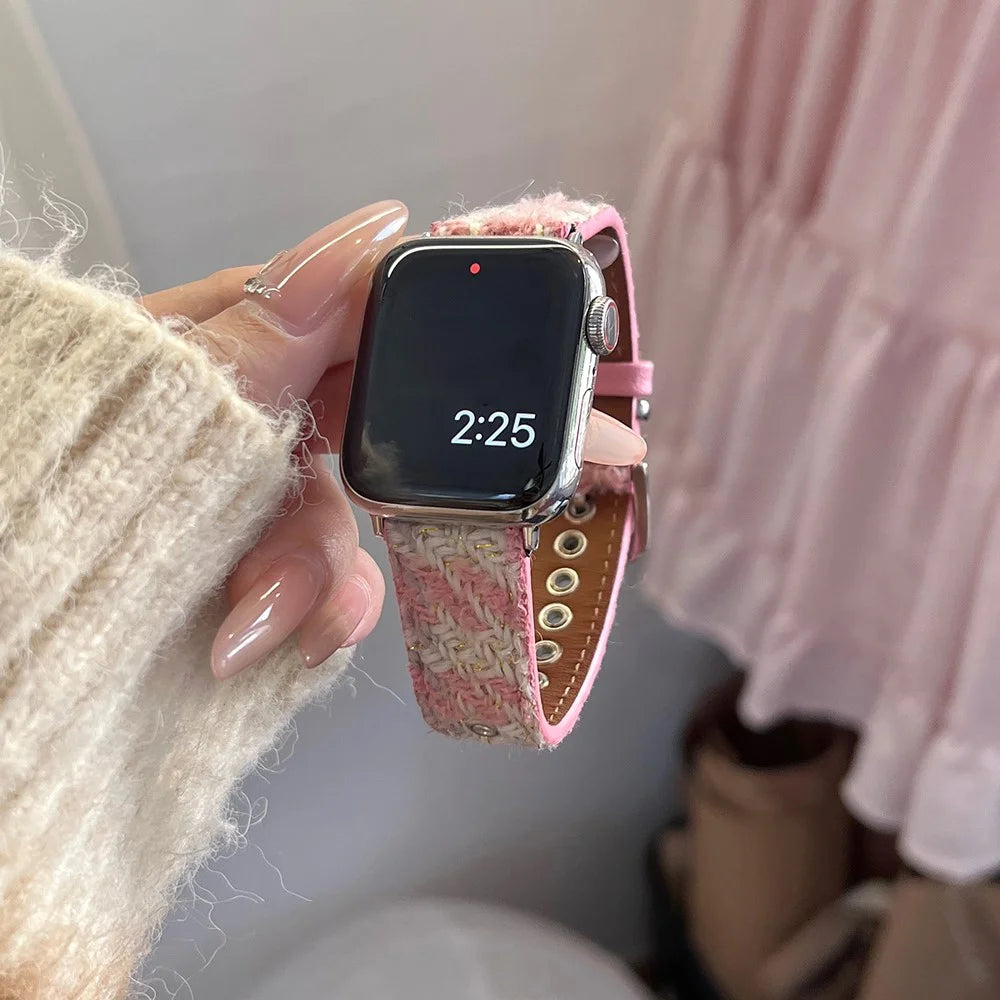 For Apple Watch Series 11 10 42mm / 9 8 7 41mm / SE3 SE2 SE 6 5 4 40mm / 3 2 1 38mm Watch Band Woolen+Leather Strap - Pink+White - 2