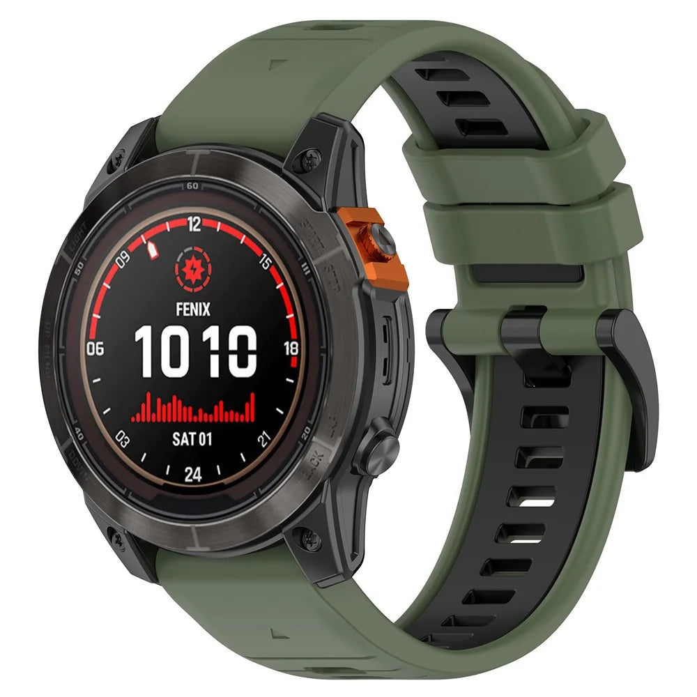 For Garmin Fenix 7 / 7 Pro 47mm / 6 / 6 Pro QuickFit 22mm Watch Band Dual Color Silicone Strap - Olive Green+Black - 2