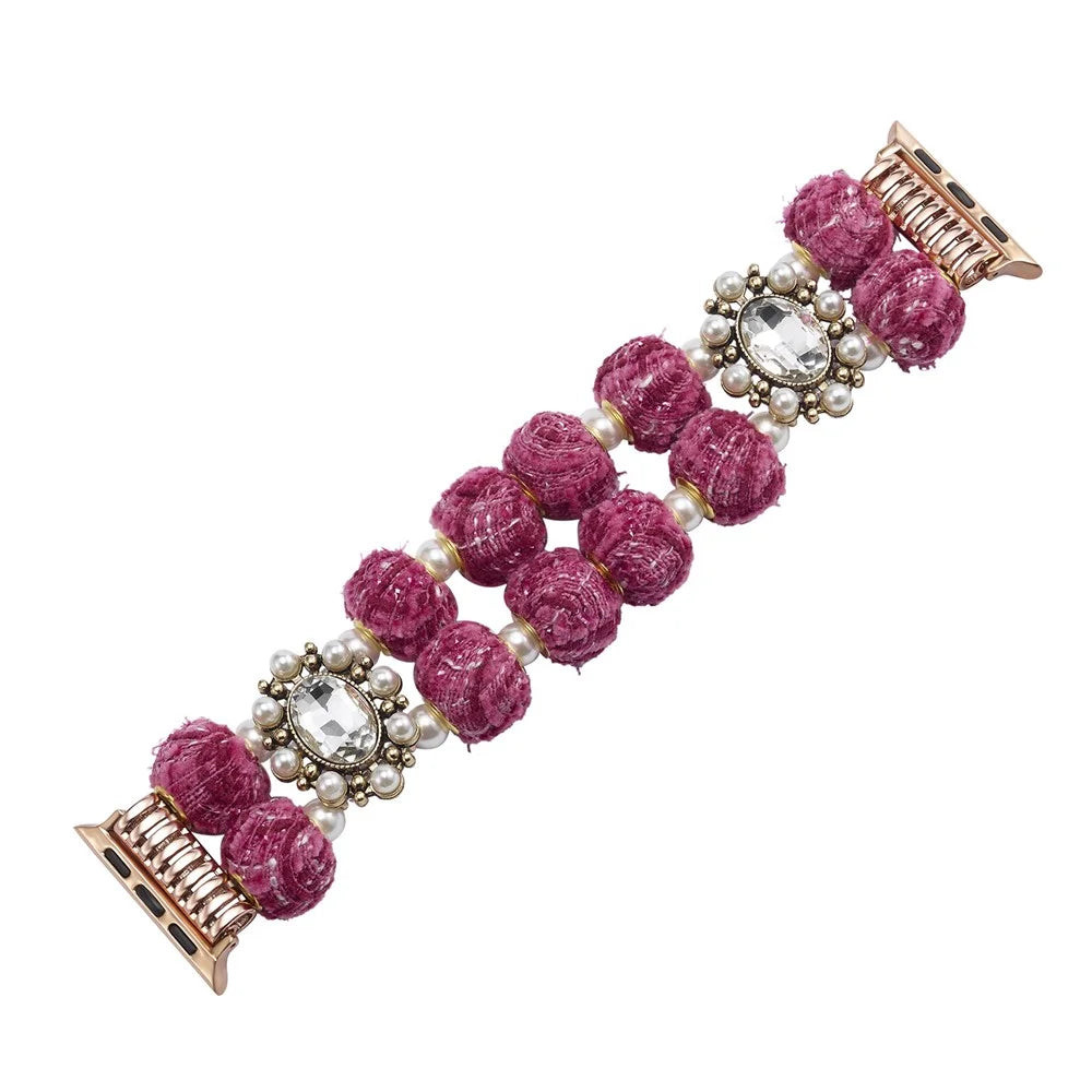 For Apple Watch Series 11 10 42mm / 9 8 7 41mm / SE3 SE2 SE 6 5 4 40mm / 3 2 1 38mm Velvet Cotton Beaded Bracelet - Rose - 1