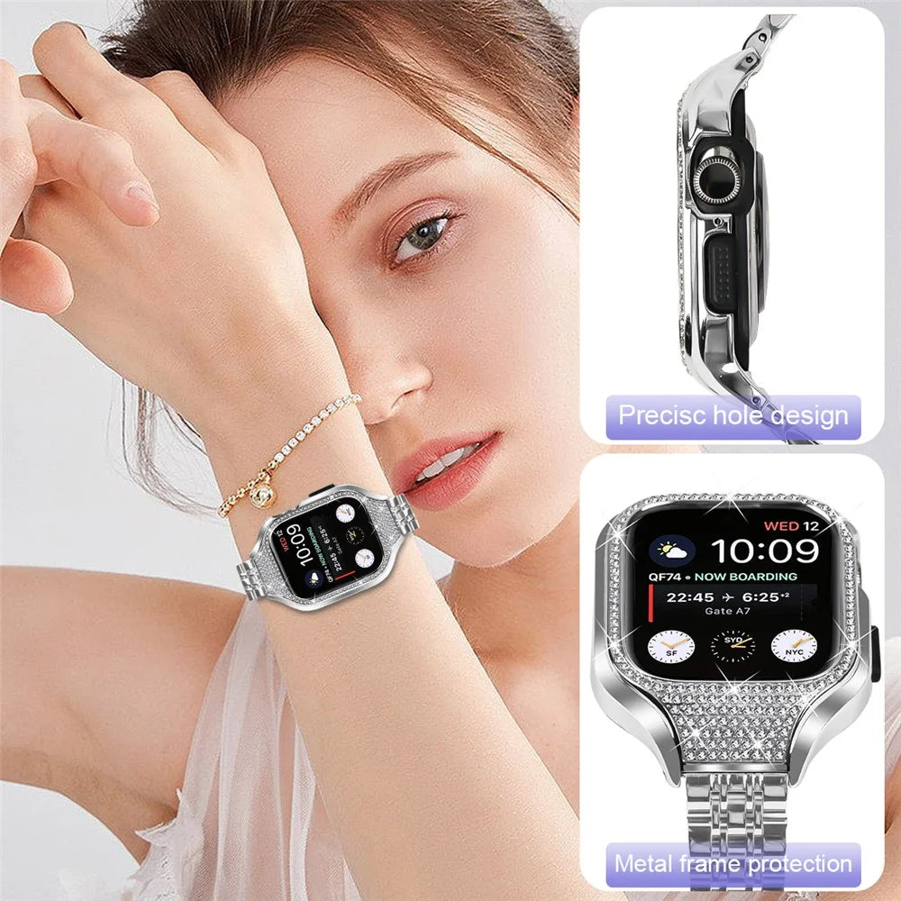 For Apple Watch Series 7 / 8 / 9 41mm 7 Beads Stainless Steel Watchband with Rhinestone Watch Case - Silver - 5