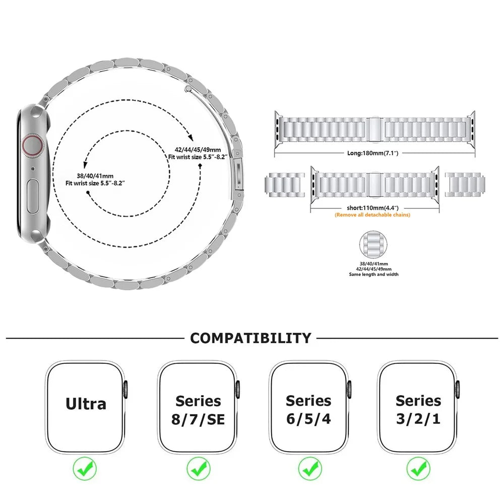 KALEBOL For Apple Watch Ultra 3 2 1 49mm / Series 11 10 46mm / 9 8 7 45mm / SE3 SE2 SE 6 5 4 44mm / 3 2 1 42mm Stainless Steel Strap - Silver - 5