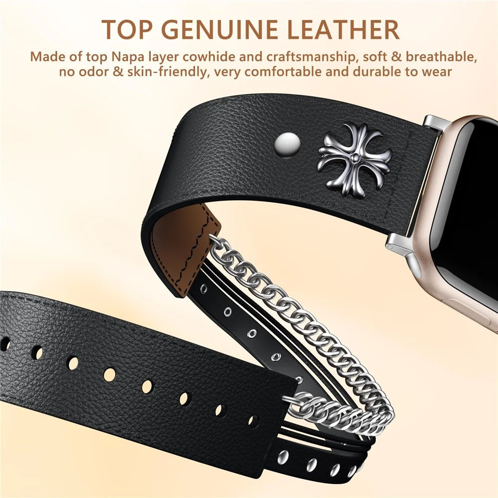 S / M Size Double Circle Punk Watch Strap for Apple Watch Series 11 10 42mm / 9 8 7 41mm / SE3 SE2 SE 6 5 4 40mm / 3 2 1 38mm Cowhide Leather Band - Black - 2