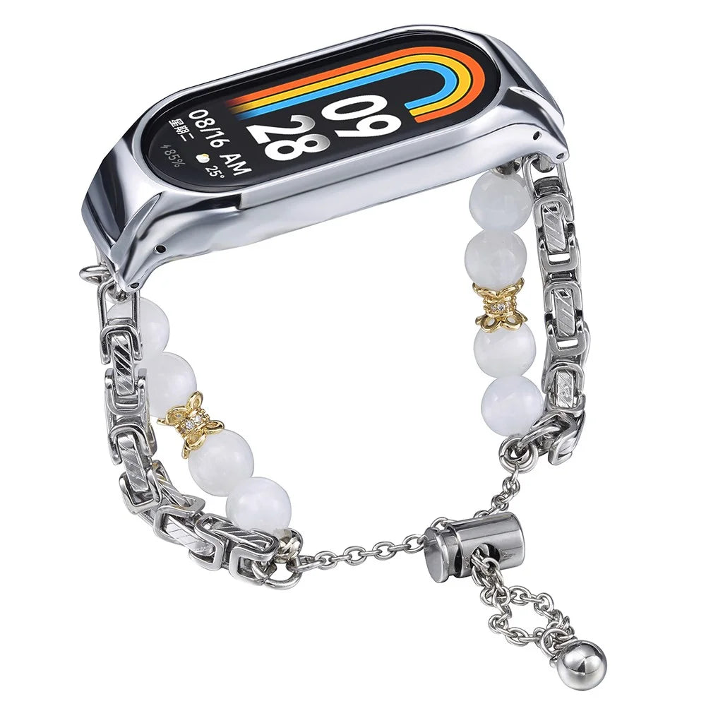 For Xiaomi Smart Band 8 Stainless Steel Watch Band Beads Chain Bracelet with Case - White+Gold - 1