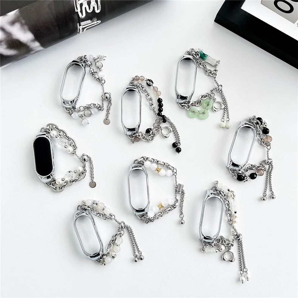 For Xiaomi Smart Band 8 Stainless Steel Watch Band Beads Chain Bracelet with Case - White+Gold - 5