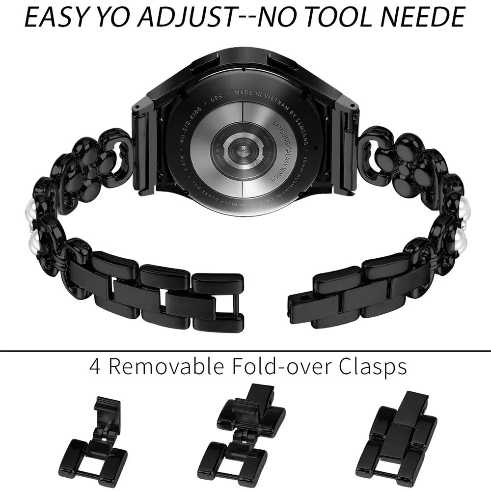 For Samsung Galaxy Watch6 40mm 44mm / Watch6 Classic 43mm 47mm Quick Release Four Leaf Clover Stainless Steel Watch Strap - Black - 5