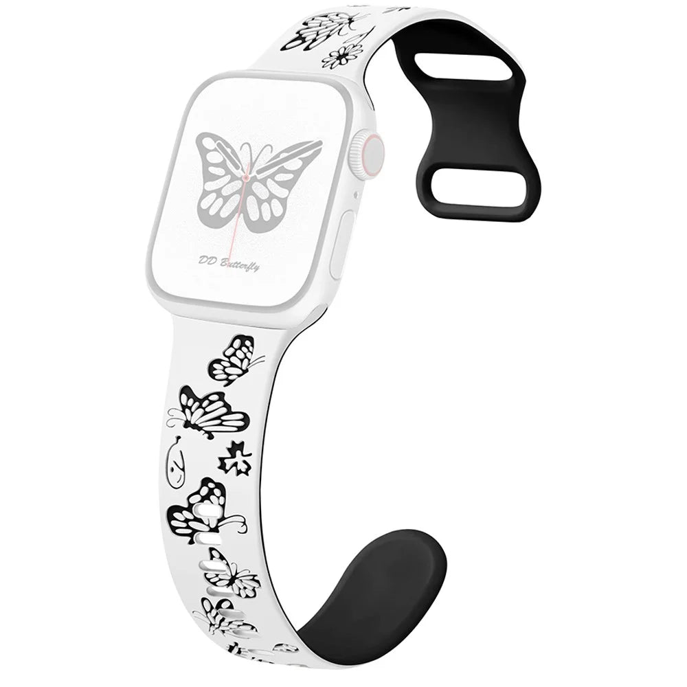 For Apple Watch Ultra 3 2 1 49mm / Series 11 10 46mm / 9 8 7 45mm / SE3 SE2 SE 6 5 4 44mm / 3 2 1 42mm Butterfly Silicone Band - White+Black - 1
