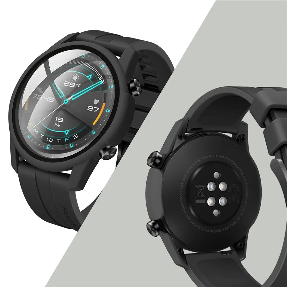 Rubberized PC Frame + Tempered Glass Screen Protector Cover Shell for Huawei Watch GT 2 46mm - Black - 7