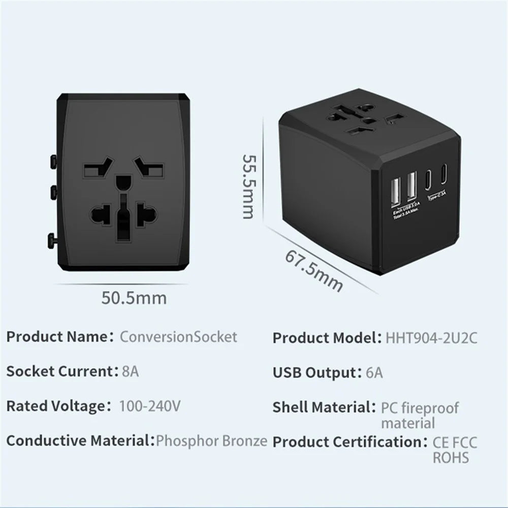 HH904 Worldwide Travel Charge Adapter Wall Plug Converter with 2 USB + 2 Type-C - Black - 6