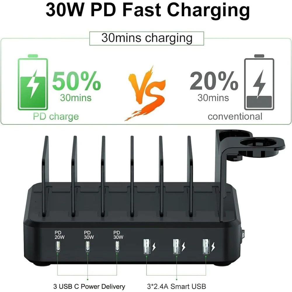 018-3PD-2 6 Ports USB Charging Station 110W PD QC 3.0 Smart Charging Dock for iPhone / iPad / iWatch / AirPods - Black / EU Plug - 3