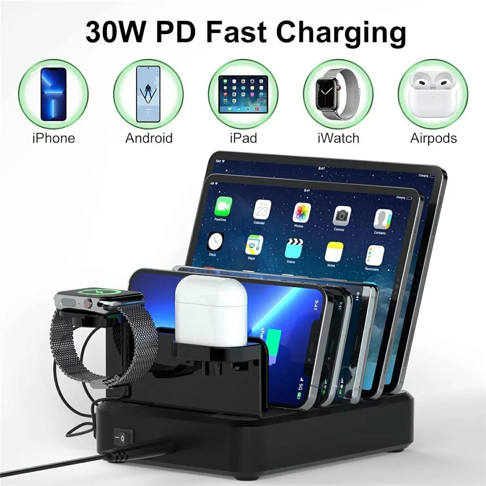 018-3PD-2 6 Ports USB Charging Station 110W PD QC 3.0 Smart Charging Dock for iPhone / iPad / iWatch / AirPods - Black / EU Plug - 4