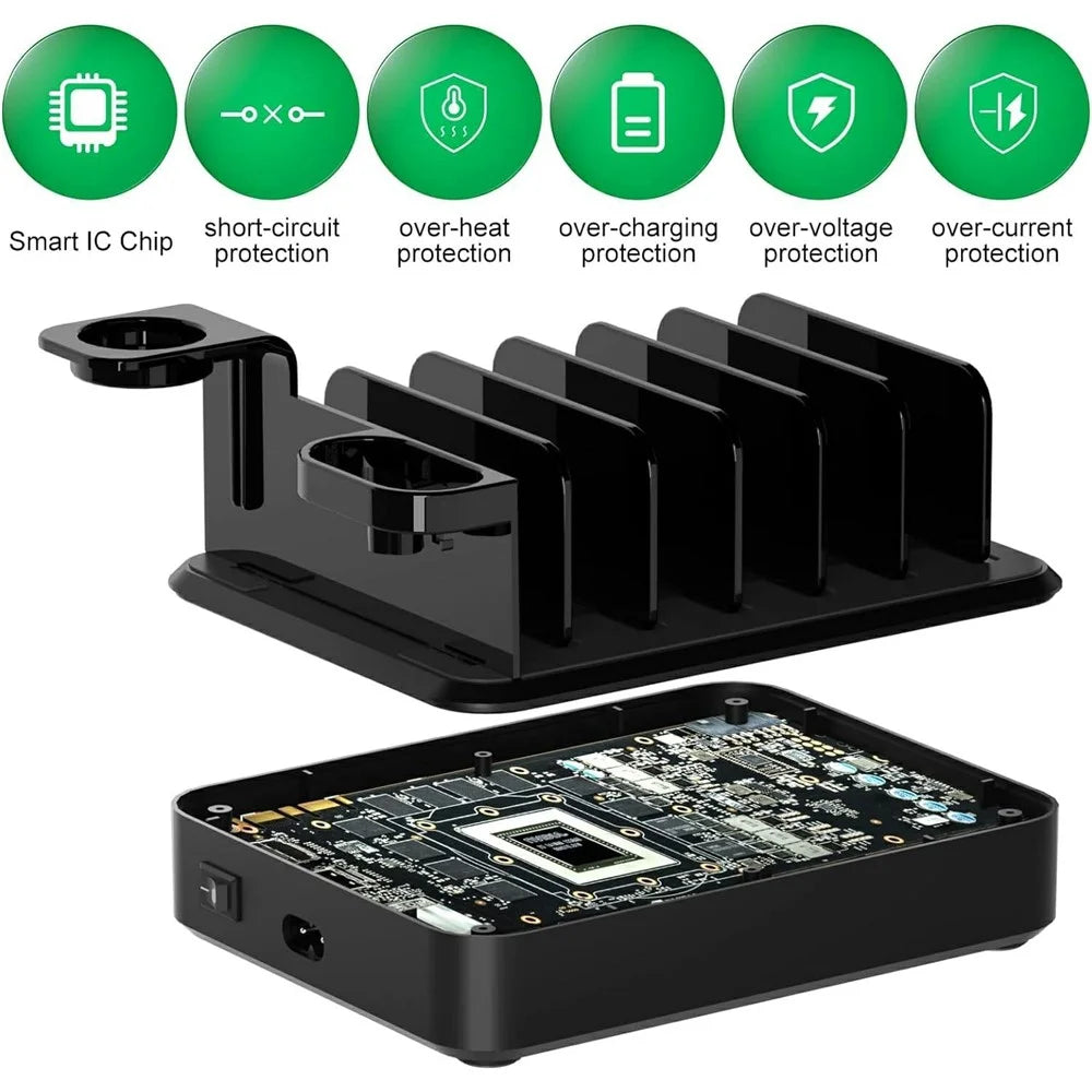 018-3PD-2 6 Ports USB Charging Station 110W PD QC 3.0 Smart Charging Dock for iPhone / iPad / iWatch / AirPods - Black / EU Plug - 5