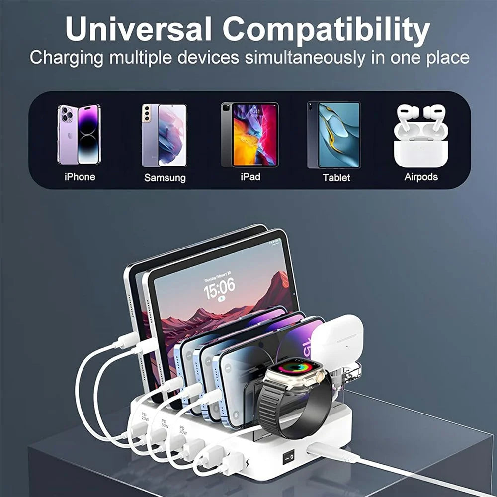 018-3PD-2 6 Ports USB Charging Station 110W PD QC 3.0 Smart Charging Dock for iPhone / iPad / iWatch / AirPods - Black / EU Plug - 7
